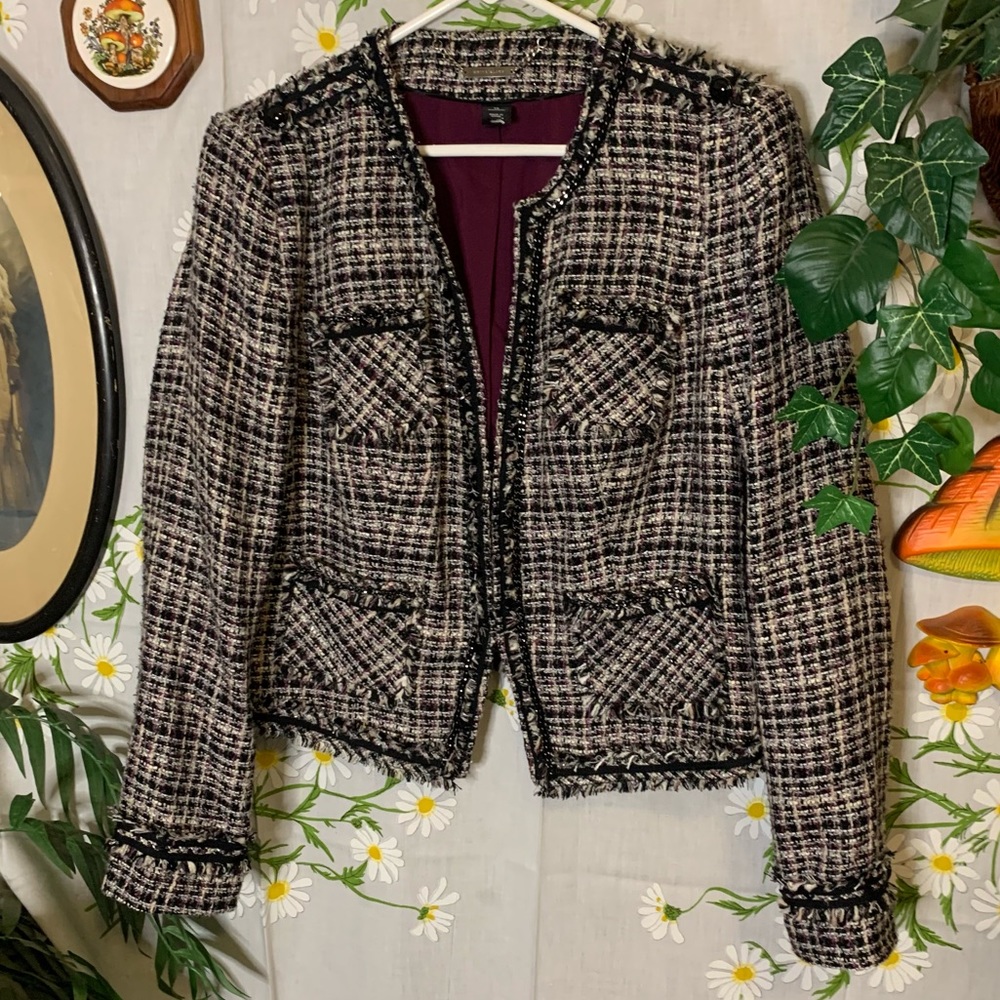 WHBM black purple plaid clueless tweed fringe gunmetal chain accent blazer